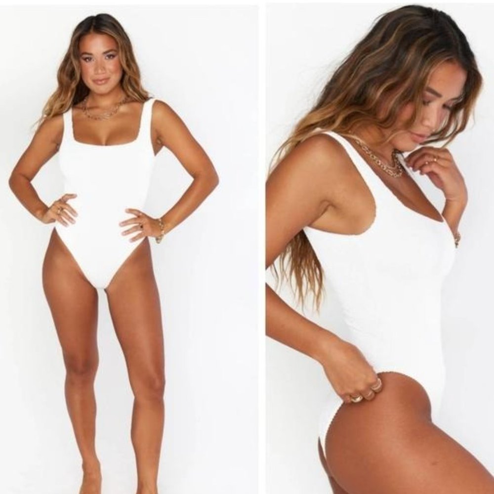 Show Me Your Mumu Scrunched Textured Low Back One Piece White Small